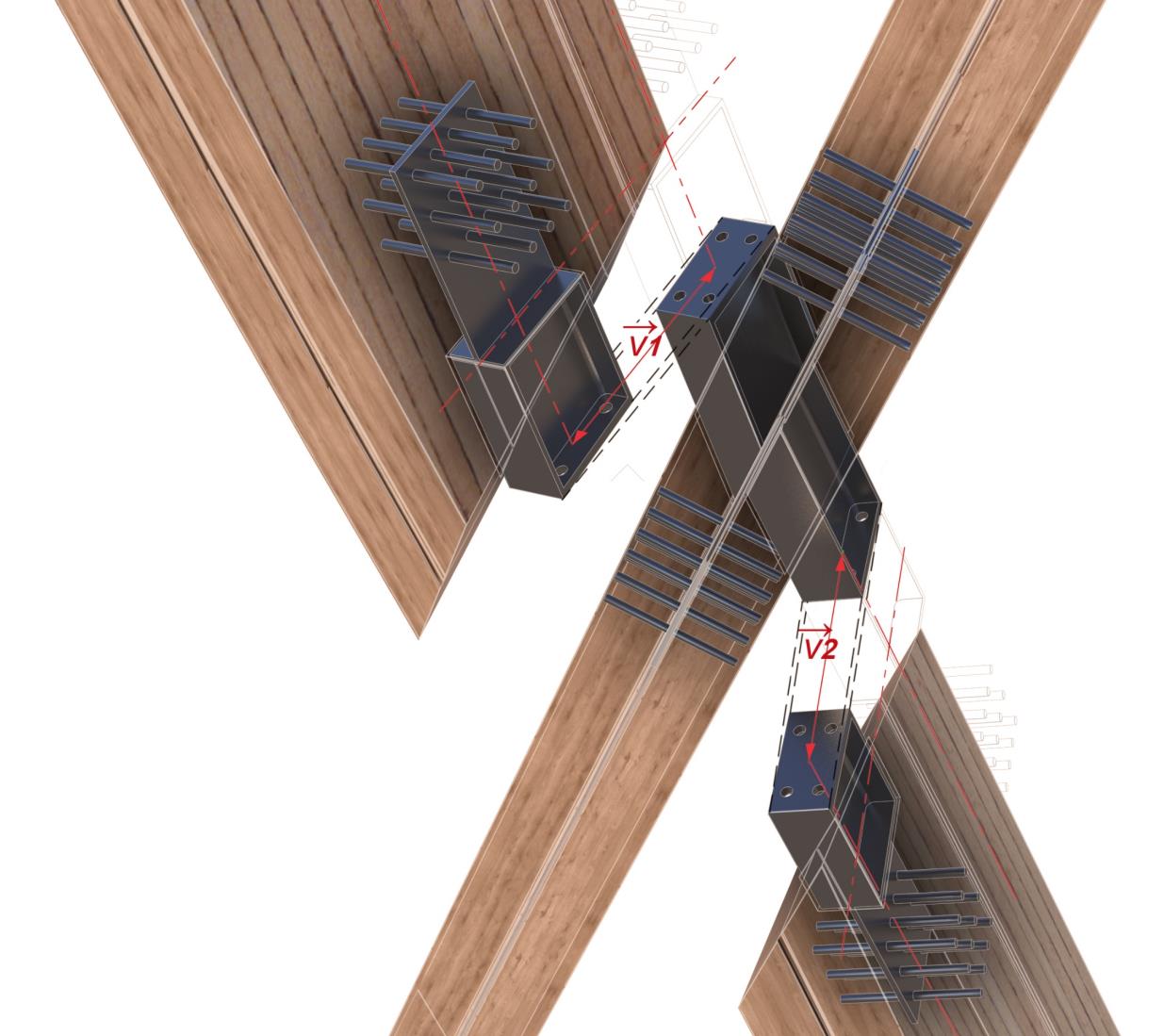 Exploded view of the planned connection between crossing timber members and detachable connectors