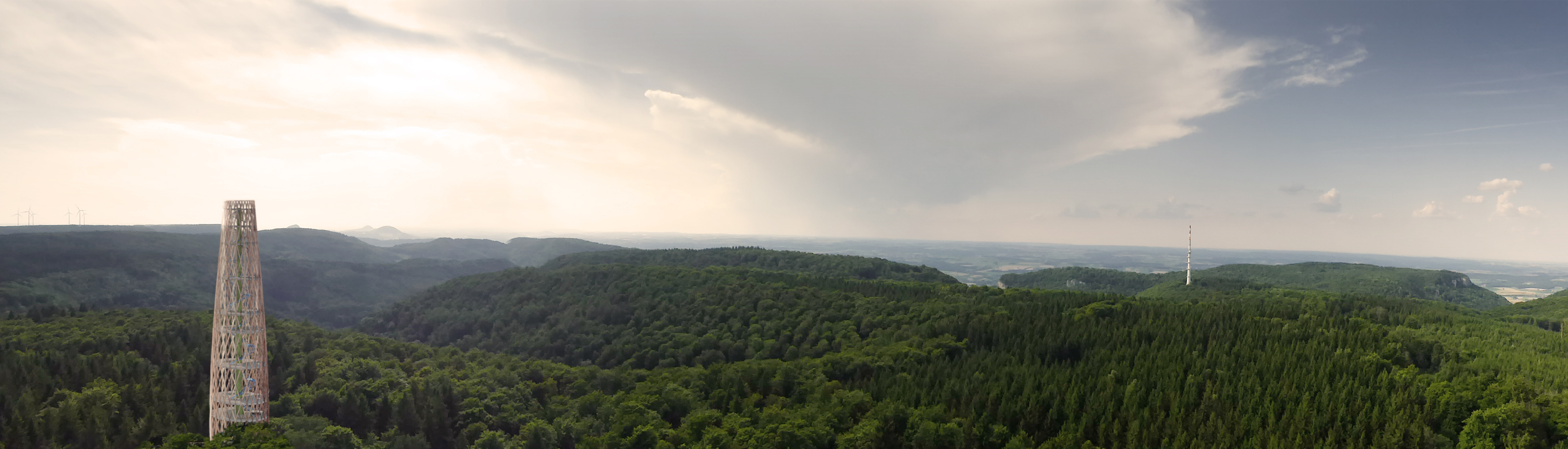 Panoramic visualisation of the planned tower on the Alb plateau with a wide view over the wooded region