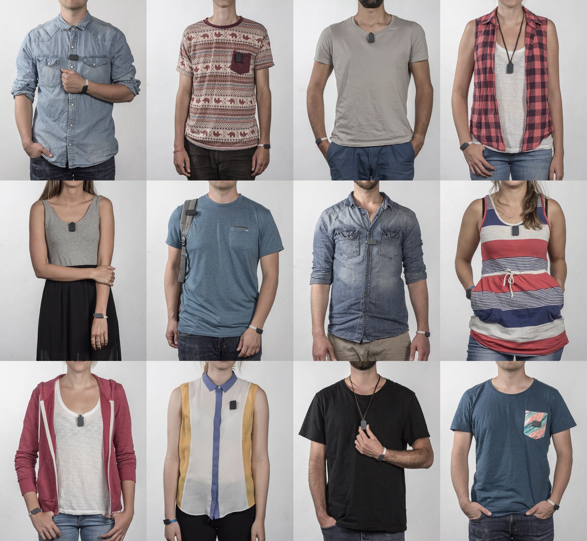 Twelve people wearing MNEMO in every variant