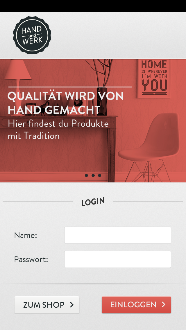 Original Hand und Werk app start screen, 2013