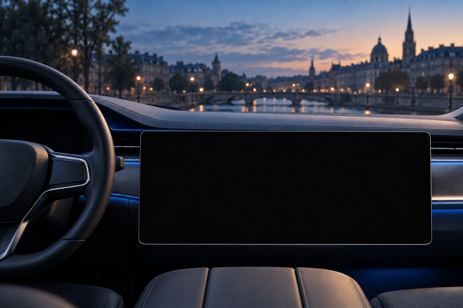 A generic graphite cockpit with blue ambient light overlooking a quiet city in the early morning